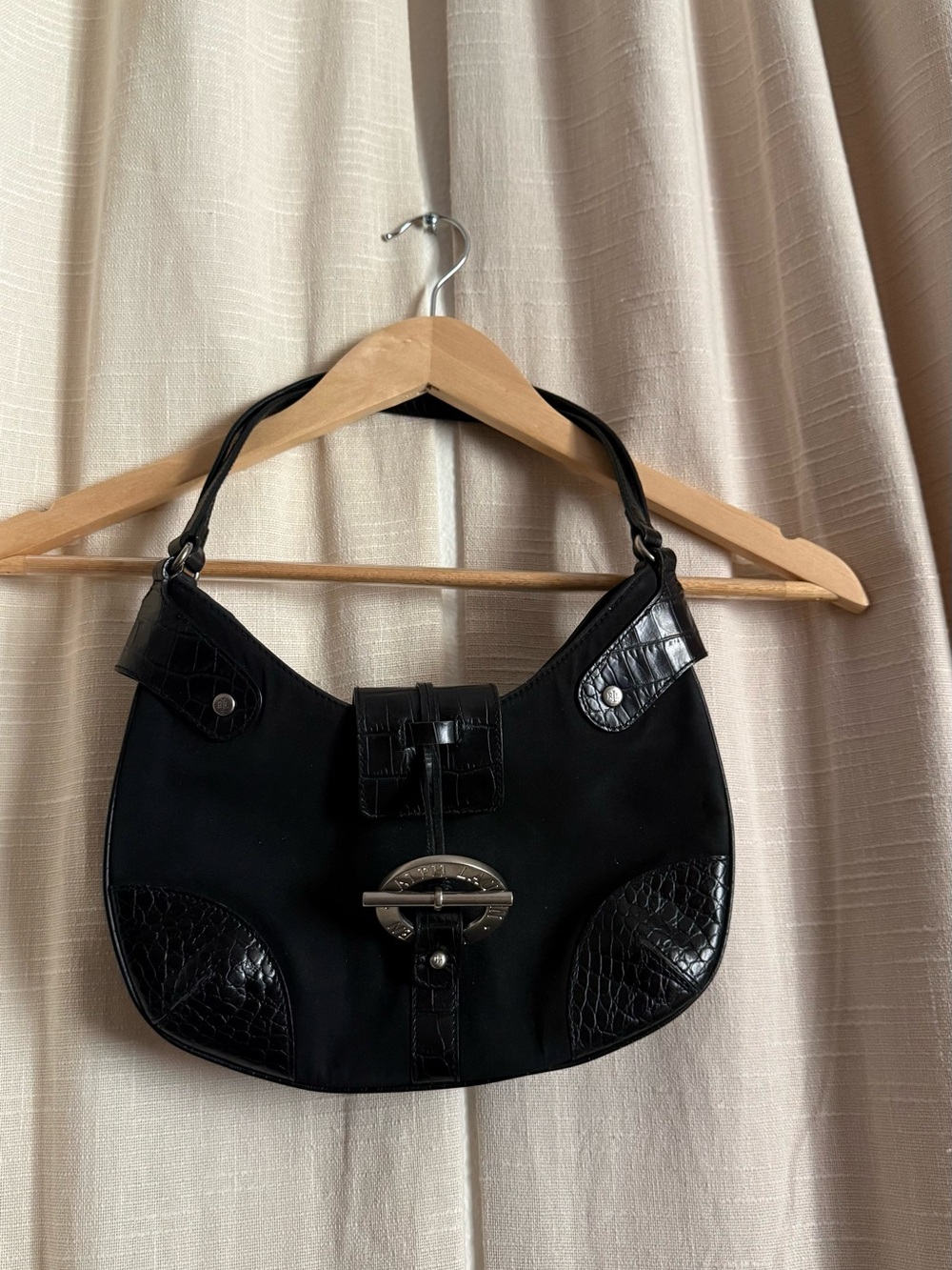 Ralph Lauren Black Shoulder Bag with Croc-Accent Trim